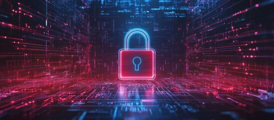 Poster - illuminating data security with a vibrant padlock amidst complex network pathways conveying a sense of digital protection and technological advancement reinforcing trust in the digital sphere