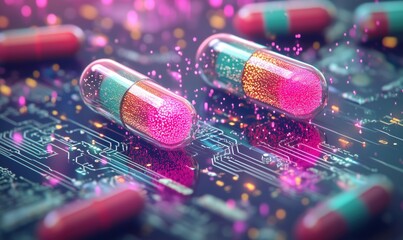 Poster - Colorful capsules on circuit board background representing technology in pharmaceuticals