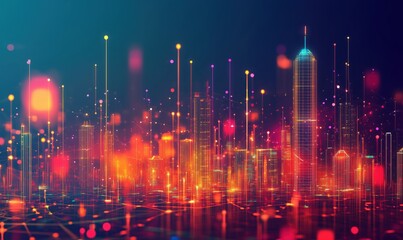 Poster - Futuristic city skyline with vibrant neon lights and digital connections