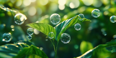 Poster - Water droplets on green leaves in sunlight creating a serene natural atmosphere