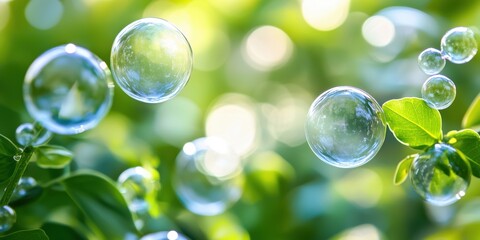 Poster - Bubbles floating among green leaves in a vibrant natural setting