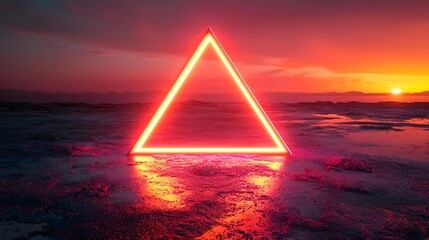 Poster - Glowing geometric neon triangle against a vibrant sunset