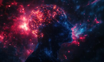 Poster - Human silhouette with glowing neural connections in cosmic background
