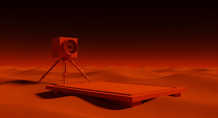 Poster - Retro Pixelated Landscape Featuring a Camera on a Tripod in Red Tones Digital Art