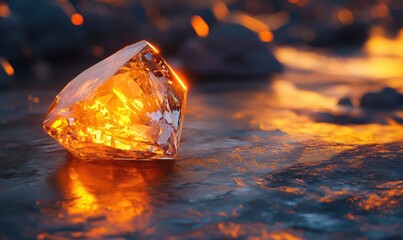 Poster - Glowing diamond on textured surface with warm light reflections and dramatic background