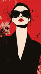 Poster - Bold Fashionable Woman in Black Dress with Red Lips and Sunglasses on Red Paint Splatters