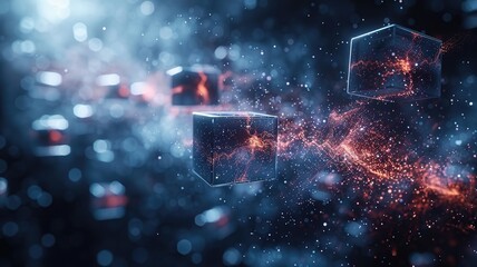 Poster - Abstract digital floating blocks with black and colorful lights. Digital artwork of 3D rendering geographic shape with glowing light and vibrant colors. Futuristic city and technology concept. AIG53.