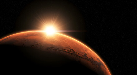 Poster - Glowing Sunrise over Textured Orange Planet in Dark Space with Scattered Stars Outer Space View