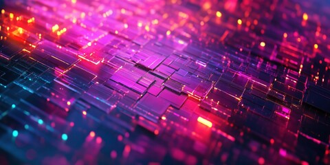 Poster - Abstract digital landscape with glowing geometric shapes and vibrant colors
