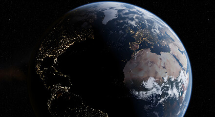 Poster - Earth from Space at Night with City Lights Illuminating Continents on a Starry Night