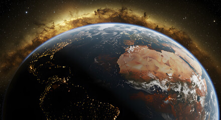 Poster - Detailed Rendering of Planet Earth Showing Africa at Night With City Lights and Nebula Background