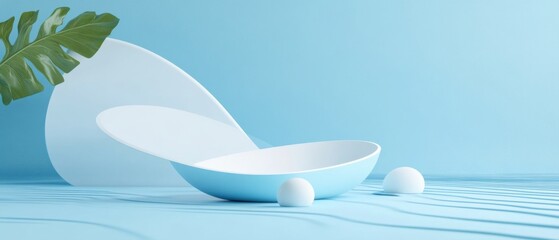 Wall Mural - Minimalist blue product display stand with monstera leaf, abstract shapes and spheres for cosmetic or food presentation Concept of modern, clean, and tropical design