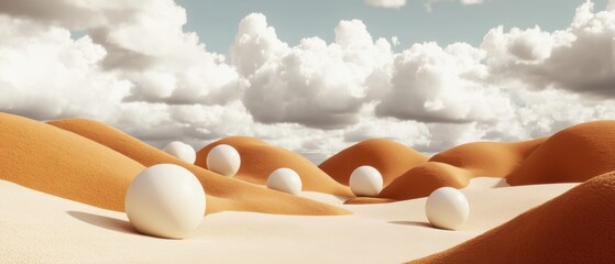 Poster - Surreal Desert Landscape with White Spheres under Cloudy Sky Conceptual art of abstract dunes, dreamlike scenery, and minimalist composition