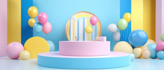 Wall Mural - Pastel colored balloons and geometric shapes in a studio setting, creating a playful and cheerful atmosphere for birthday celebration or product display