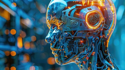 Poster - A stunning depiction of a futuristic robot head, showcasing intricate circuit patterns and glowing elements, representing advanced artificial intelligence technologies.