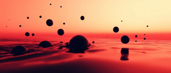 Wall Mural - Surreal red landscape with floating black spheres over water, creating a dreamlike and abstract scene at sunset Concept of fantasy, future, and imagination