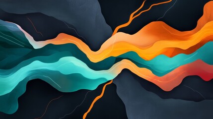 Leinwandbilder - Colorful abstract design with flowing waves of orange, teal, and black in a vibrant and modern style