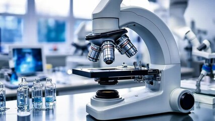 Poster - Modern laboratory microscope surrounded by glassware.