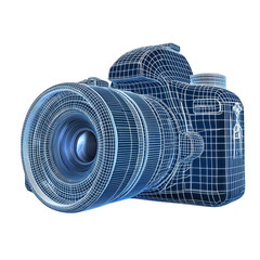 Poster - digital wireframe of camera showcases intricate design and technology, highlighting detailed structure and modern innovation in photography equipment