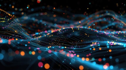 Poster - Abstract visualization of glowing dots and lines on a dark background. Digital artwork of glowing vibrant colorful dots and lines connecting together. Abstract image of Digital art for design. AIG53.