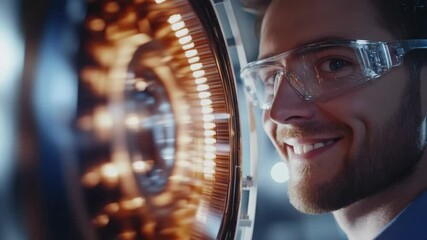 Poster - Focused engineer examines a machine component.