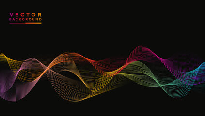 Aufkleber - Smooth wavy lines, bright red, pink, blue, yellow, green, purple, orange. The composition of waves is small dots, black background, designed with soft yet luxurious textured materials.