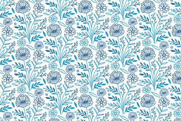  blue single line outline flower pattern for elegant women wear seamless wrapping paper and pillow fabric printing

