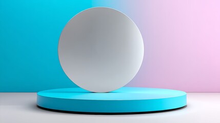 Poster - Blue and pink background with a white circle on a blue platform. The circle is empty and has a reflective surface