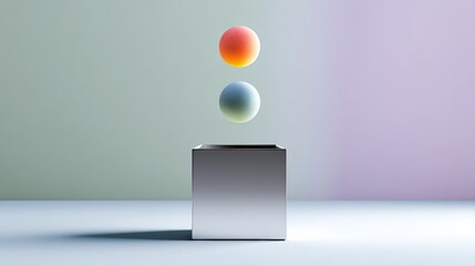 Poster - Two colorful balls are suspended in midair above a silver box. Concept of playfulness and creativity, as the balls seem to defy gravity and float effortlessly. The silver box serves as a backdrop