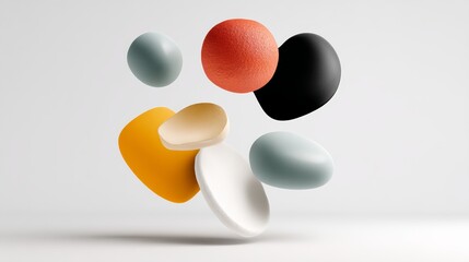 Poster - Collection of colorful, oddly shaped objects are floating in the air. The objects include a yellow and black square, a red and black sphere, and a white and black oval