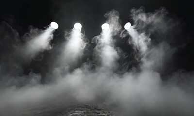 Poster - Four focused white spotlights on black canvas with twisting smoke dissipating gradually made with Generative AI technology