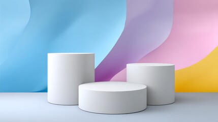 Poster - Three white pedestals are placed in front of a colorful wall. The pedestals are of different sizes and are arranged in a row. The colorful wall behind the pedestals creates a vibrant