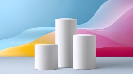 Poster - Three white cylinders are placed on a blue background. The cylinders are arranged in a row, with the middle one slightly taller than the other two. The blue background has a gradient effect