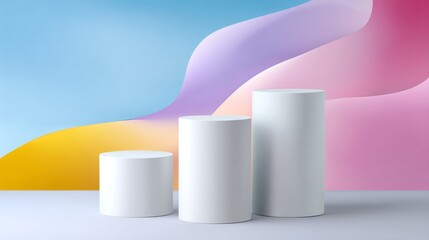 Poster - Three white cylinders are standing in front of a colorful wall. The cylinders are arranged in a row, with the middle one slightly taller than the other two