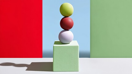 Poster - stack of three balls on top of a green box. the balls are different colors and the box is green. the