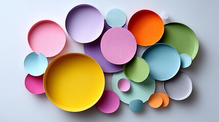 Poster - Colorful assortment of paper circles, some of which are yellow, pink, and green. The circles are arranged in a way that creates a sense of movement and energy. Scene is playful and whimsical