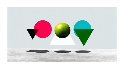 Poster - Series of geometric shapes and a green ball are floating in the air. The shapes are arranged in a way that creates a sense of movement and energy. The image conveys a feeling of creativity