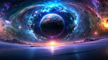 Wall Mural - Cosmic Sunrise A Journey to a Distant Planet with Majestic Mountains and Nebulae