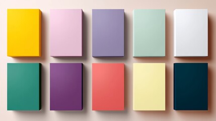 Poster - Series of boxes with different colors and sizes. The boxes are arranged in a row, with the first box being yellow and the last box being blue. The boxes are all different colors, including purple