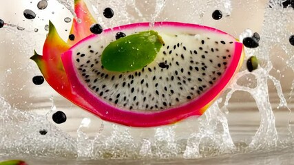 Poster - Dragon fruit slice in water splash with leaves.