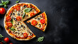 © Muhammad - Pizza Delight: A mouthwatering pizza, garnished with vibrant cherry tomatoes, earthy mushrooms, and fresh basil leaves, on a dark background. Savor the irresistible allure of this classic dish!