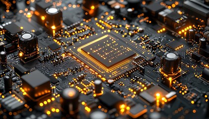 Aufkleber - Close-up view of a complex circuit board with glowing components.
