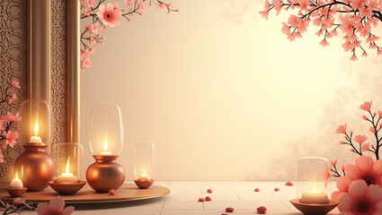 Sophisticated Vesak background composition showcasing delicate temple embellishments intricate patterns and soft diffused luminescence that create an ideal canvas for refined spiritual ceremonies and 