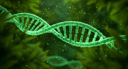 Poster - Vibrant Green Double Helix Dna Strand Molecular Structure on Abstract Greenery Backdrop Science Innovation Genome Research