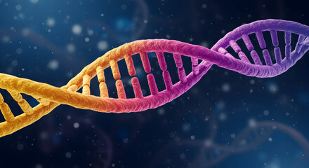 Poster - Vibrant 3D Render of Pixelated Dna Molecule on Dark Blue Gradient Background