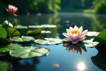Canvas Print - lily pads and wildflowers mirrored on tranquil lake surface, design element, art