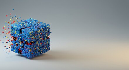 Poster - Abstract 3D Render of a Disintegrating Colorful Cube on a Light Gray Background