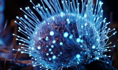 Poster - Blue current coming out of a complex sphere in a 3D animation created with Generative AI technology