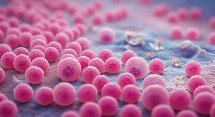 Poster - Pink Spherical Cells on Blue Textured Surface Scientific Illustration