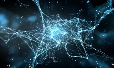 Poster - 3D animation of a web with glowing blue circuits and pulsating currents created with Generative AI technology